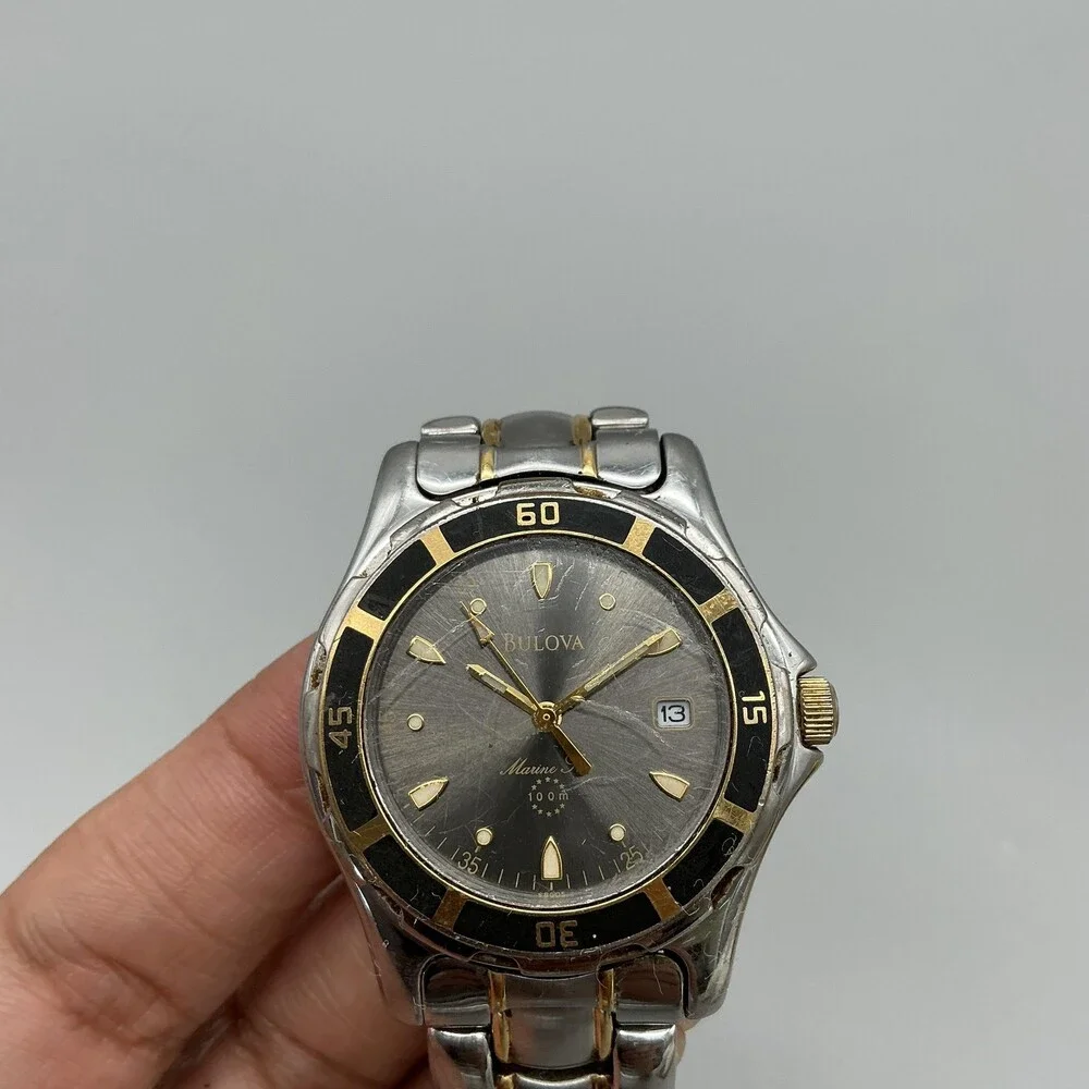 Bulova Marine Star 100m Mens Watch 37mm Gray Dial Two Tone Date For Parts 7.25